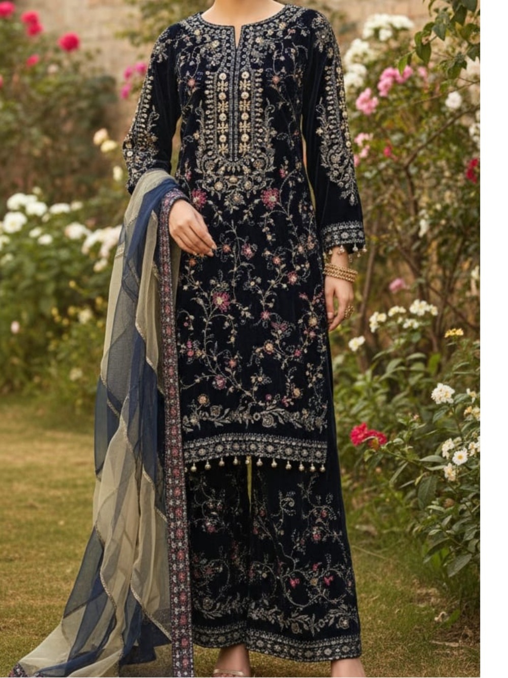 Pakistani Indian Womens’s Embroidered Black Floral Velvet Shalwar Kameez Dupatta